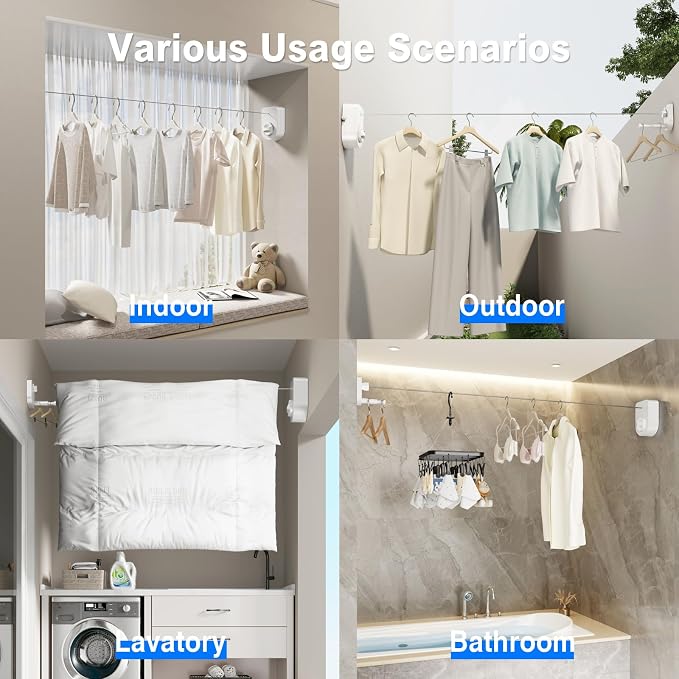 Mustorn Retractable Clothesline Indoor, Non-Sagging Outdoor Clothes Line Retracting Heavy Duty Clothes Drying Laundry Line Wall Mounted Stainless Steel Line-13.8 Feets (Single Line-White)