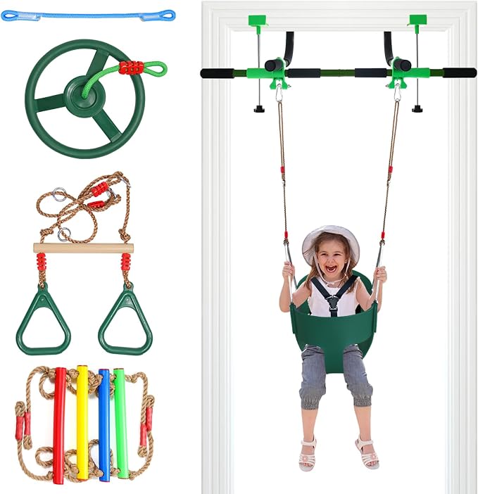 Doorway Swing mount for Kids & Door Pull Up Bar for Adults, Indoor Kid Swing with 4 Accessories, Multi-Function Doorway Gym, Fits Door Frame 24.41-30.51'' W x 3.94-6.69'' Thickness (Dark green)