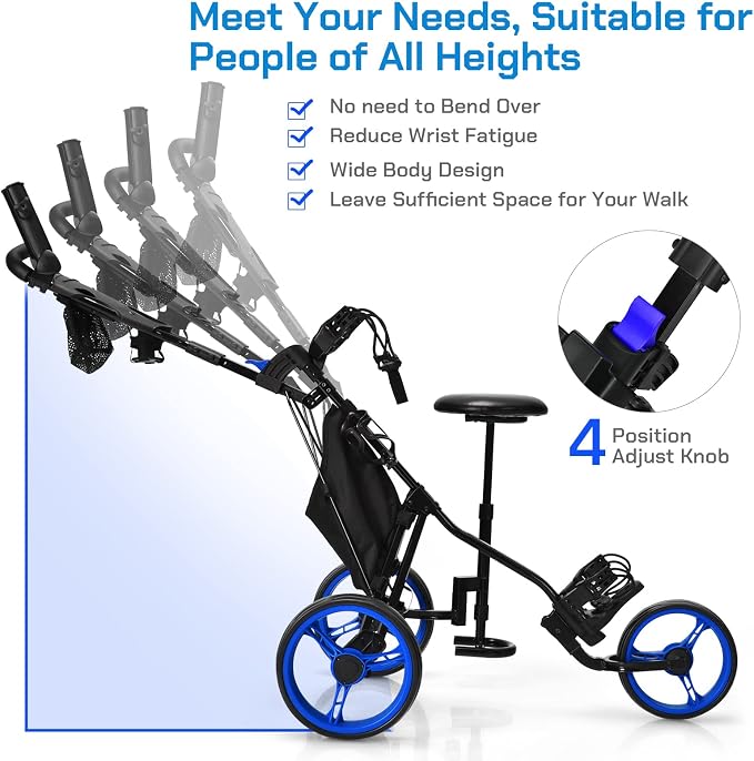 Golf Push Carts 3 Wheel Folding-Collapsible Lightweight Push Cart with Seat for Golf Clubs, Foot Brake/Umbrella Holder- 4 Height Position Handle