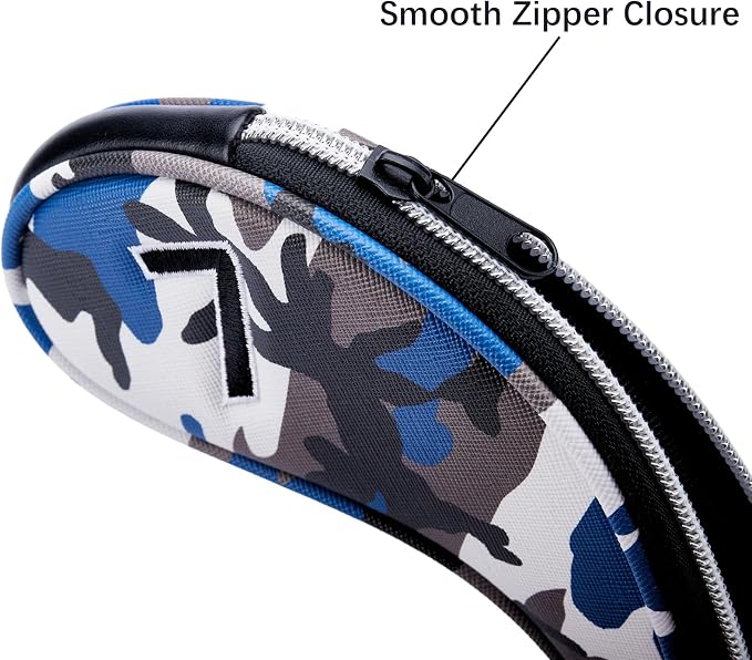 Golf Club Camo Zipper Iron Head Covers 9Pcs/Set With No. on Both Sides PU Leather Headcovers (Blue/Brown)