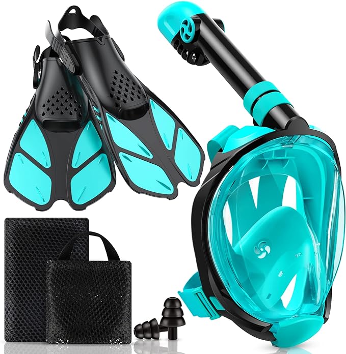 Viginsul Mask Fins Snorkeling Gear for Adults, Full Face Snorkel Mask & Adjustable Swim Fins Snorkel Set, Panoramic View Snorkel Mask Dry Top Anti-Fog Anti-Leak