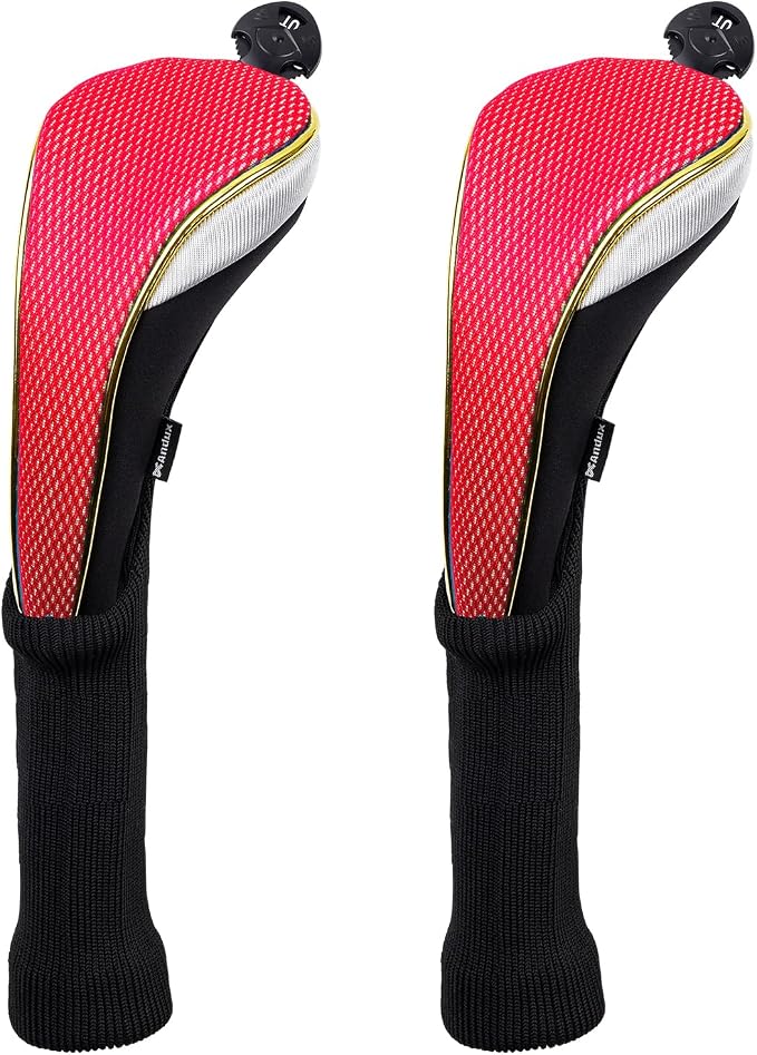 Andux 2Pcs/Set Long Neck Gold Golf Hybrids Club Head Covers with Dial No. Tag MT/HY13