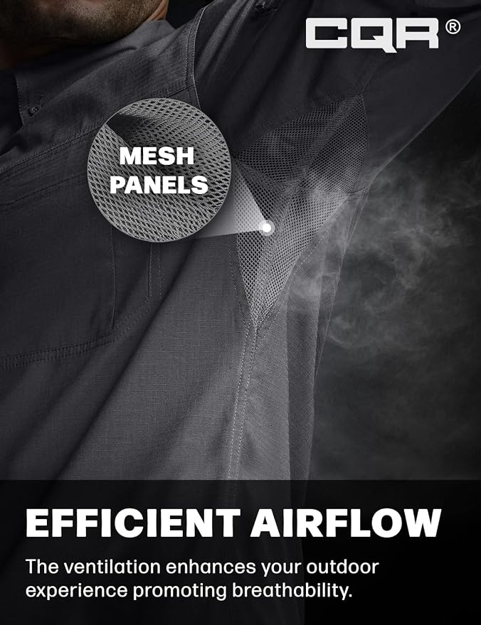 CQR Men's Long Sleeve Tactical Shirts, Ripstop Military Work Shirts, UPF 50+ Breathable Button Down Outdoor Hiking Shirt
