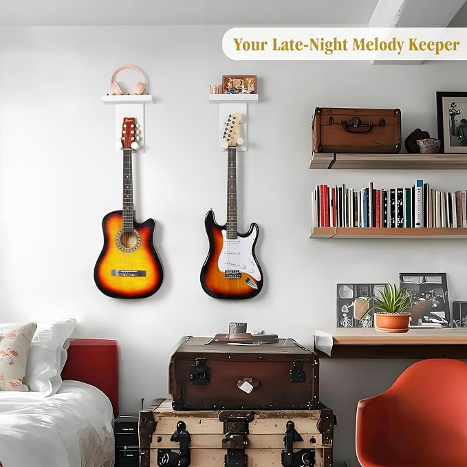 Keebofly Guitar Wall Mount Hangers with Rustic Wood Shelf - 2 Pack, Wall Stand Holder Hook Rack for Acoustic or Electric Guitar,Ukulele,Bass,White,[Patented]