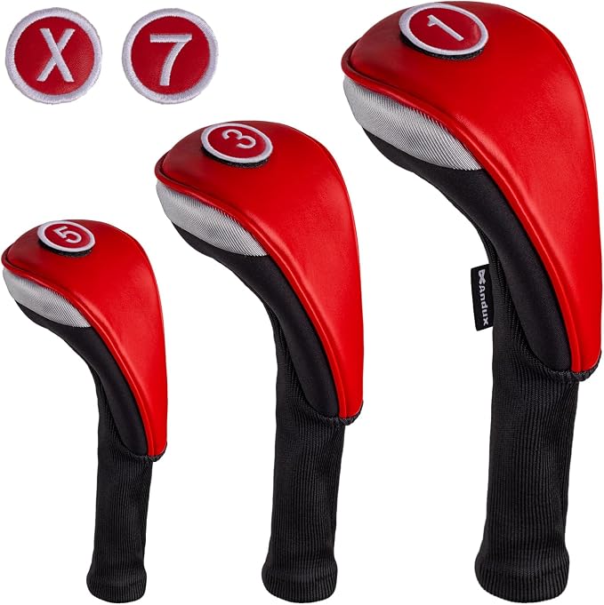 Andux 3pcs/Set PU Golf Wood Club Head Covers with Long Neck | for 460cc Driver Fairway Wood Club with Hook & Loop No. Tags Coloured Piping Pull-On Closure