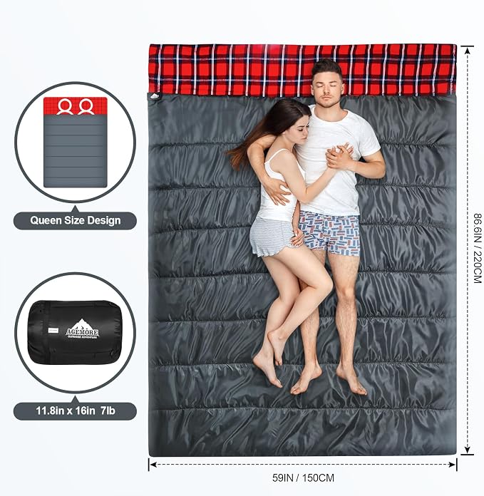 Cotton Flannel Double Sleeping Bag for Camping, Backpacking Or Hiking. Queen Size 2 Person Waterproof Sleeping Bag for Adults Or Teens. Lightweight with Compression Sack