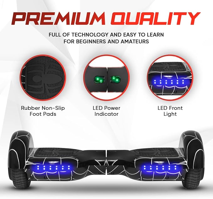 Spider-Pattern Hoverboard for Kids Ages 6-12, with Bluetooth Speaker and LED Lights 6.5" Hover Board, UL2272 Safety Certified (Black)