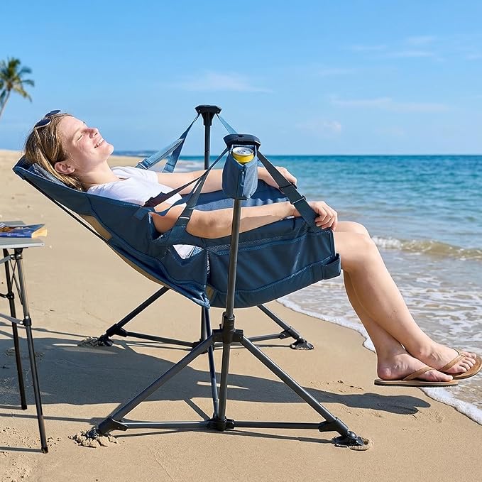 Portal Hammock Camping Chair Heavy Duty 400lbs - Breathable Mesh Outdoor Swinging Chair with Adjustable Recline & Headrest Pillow, Portable Hammock Chair for Camping Beach Sports Events, Blue