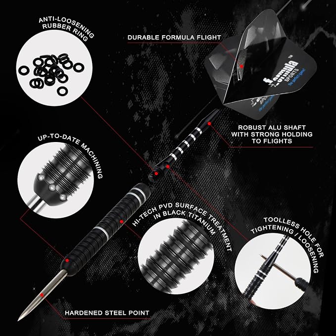 Formula Sports 90% Tungsten Darts Metal Tip Set 21g/22g/23g/24g, Professional Steel Tip Darts Set with Aluminum Shafts, Tungsten Barrels, Extra Flights, Dart Sharpener, Gift Box