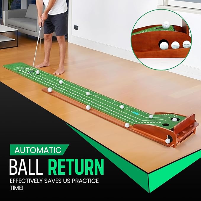 Premium Wood Golf Putting Green Indoor- 10-11 Stimp Speed True Roll Mat-Auto Ball Return, Dual Precision Holes, Alignment Mirror & 2 Balls-Professional Indoor Putting Trainer for Home & Office