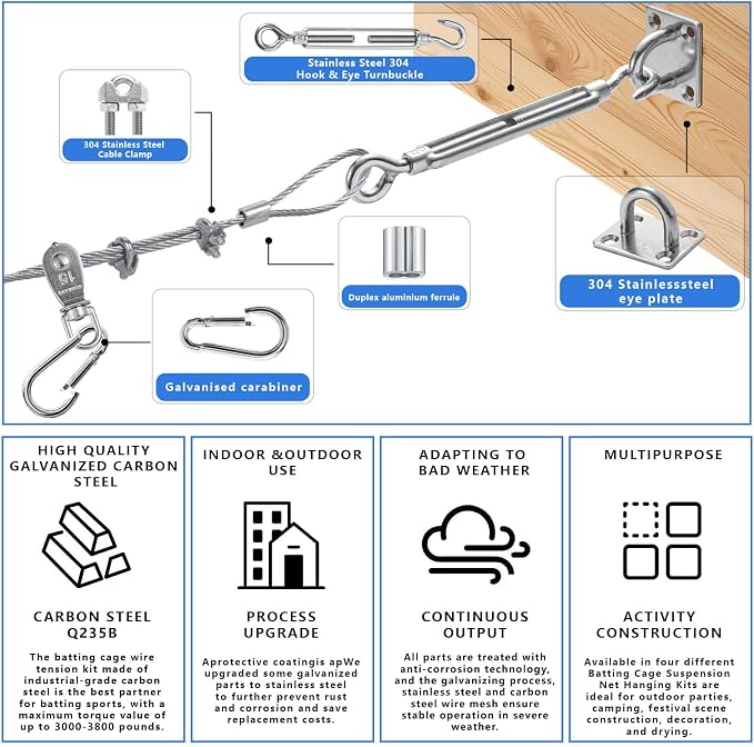 Heavy Duty Batting Cage Netting Wire Tension Kit Inflatable Batting Cage Cable Kit Net Hanging Kits Batting Cage Frame Kit for Home Backyard Outdoor Baseball and Softball Batting Cage
