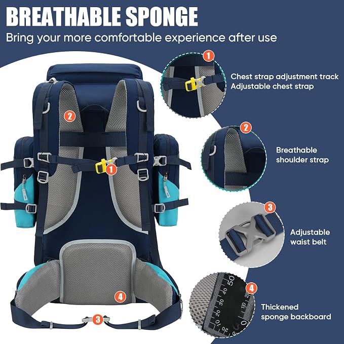 Bseash 70L (65+5) Waterproof Hiking Camping Backpack with Rain Cover, Outdoor Sport Travel Daypack for Climbing Touring (Navy Blue)