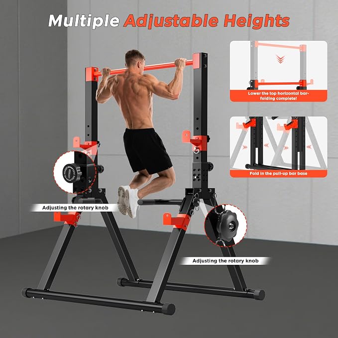 SogesHome Power Tower Dip Station Pull Up Bar for Home Gym, Adjustable & Foldable Multifunction Fitness Workout Station with Triangular Stability Design for Strength Training