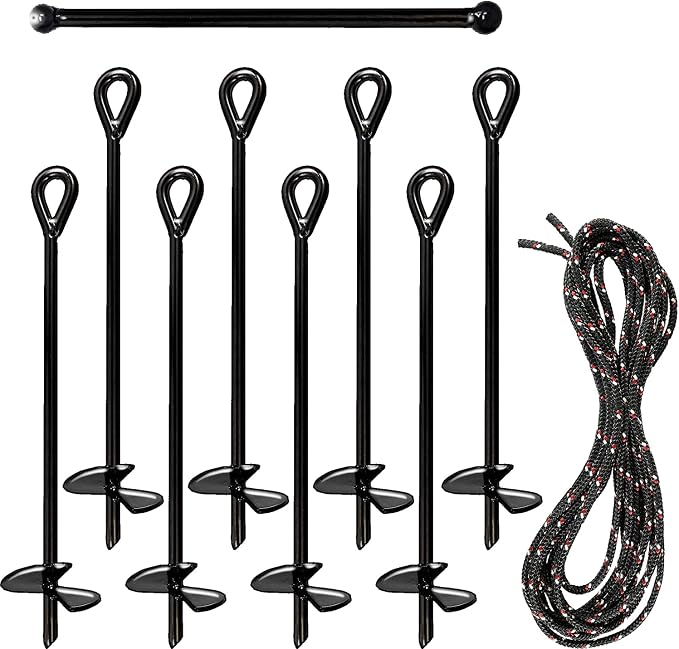 Ashman Black Ground Anchor (8 Pack) 15 Inches in Length and 10MM Thick in Diameter with 65 Feet of Rope