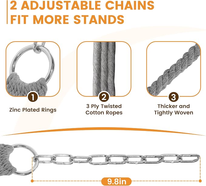 Lazy Daze Hammocks 12FT Double Rope Hammocks, 2 Person Hand Woven Cotton Hammock with Spreader Bar, Carabiner, Tree Strap, Chain for Outside, FIT 13-15 FT Stand, Max 450 Lbs, Light Grey