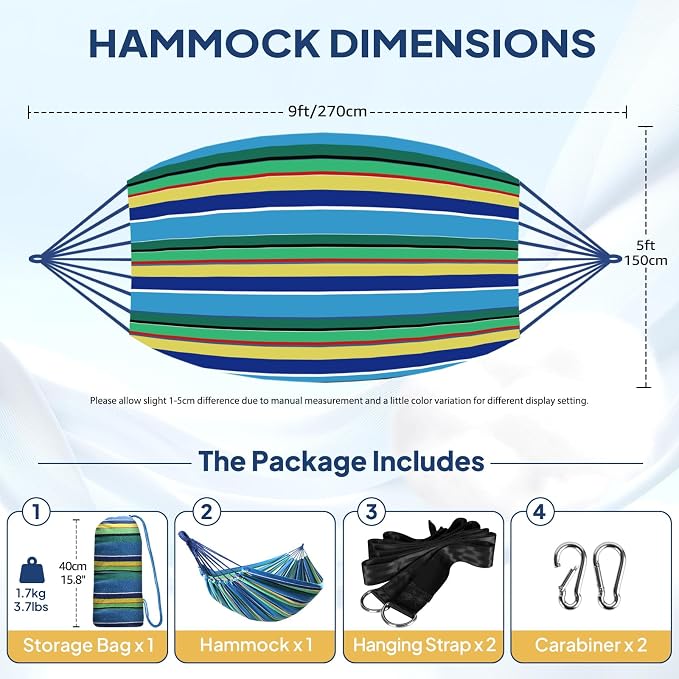 ANYOO Cotton Hammock Portable Camping Hammocks for Hanging Sturdy Garden Comfortable Fabric Hammock with Tree Straps Up to 660lbs with Travel Bag for Camping Outdoor/Indoor Patio Backyard