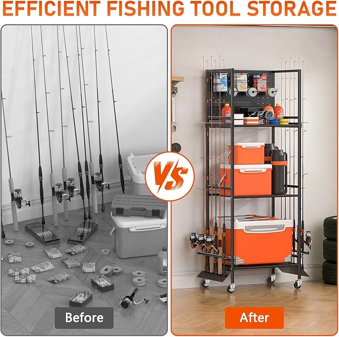 12-Rod Fishing Pole Holders for Garage, 3-Shelf Fishing Rod Holder with Pegboard and Trays, 360° Rotatable, Rolling Fishing Storage Cart with Wheels for Tackle Box & Fishing Gear Organization