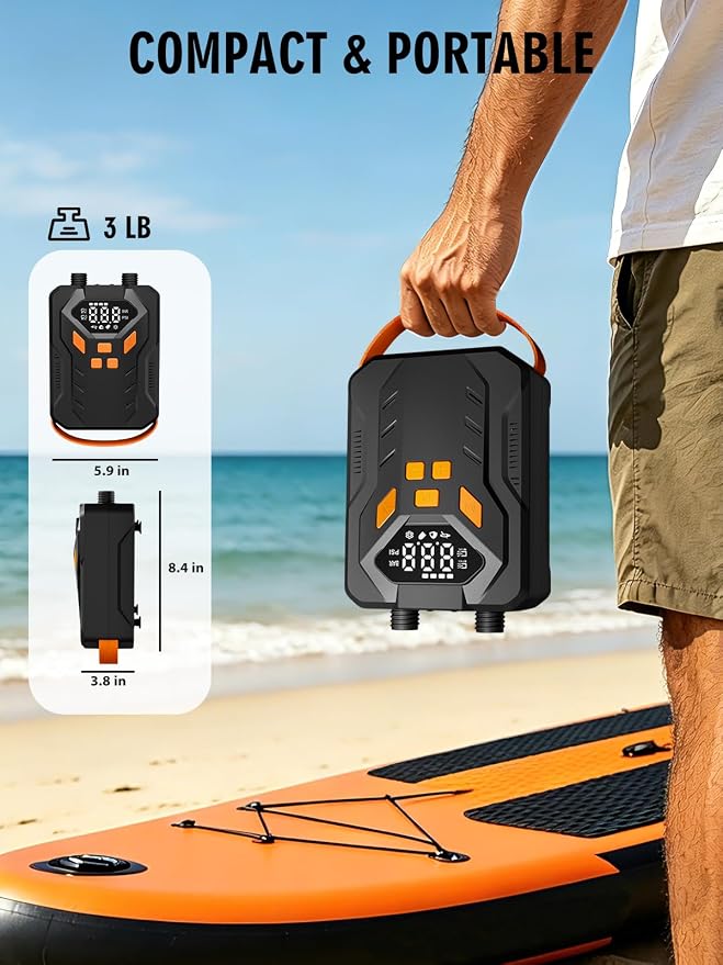 Electric Paddle Board Pump, High Pressure 20 PSI Rechargeable SUP Pump with Intelligent Dual-Stage Inflation & Deflation, Auto-Off for Surfing Kites, Tents, Boats and Stand Up Paddle Boards