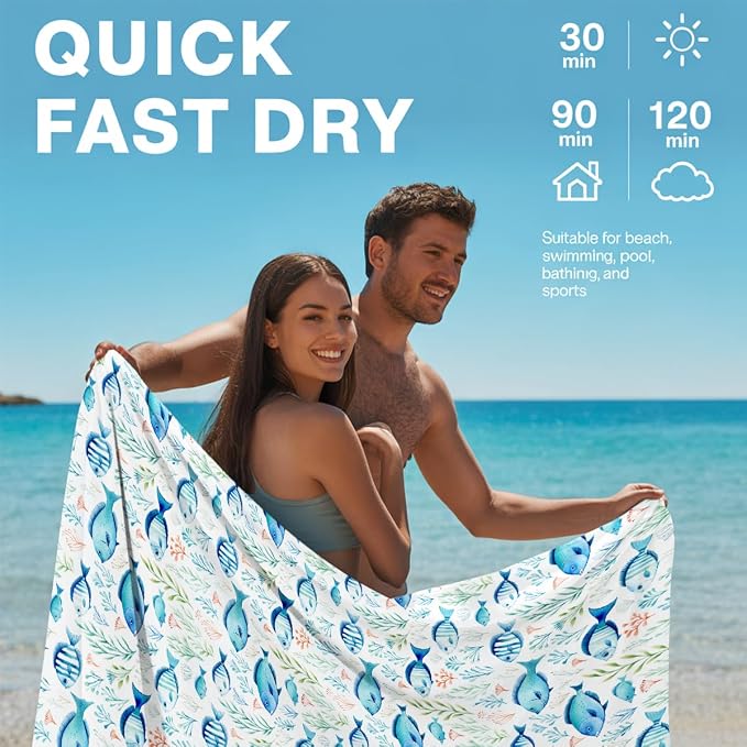 2 Pcs Microfiber Beach Towel Sand Free Quick Dry Oversized Lightweight Nautical Starfish Seashell Print Pink Blue Yellow Bath Towels for Travel Pool Swim Yoga 71 x 32 Inches