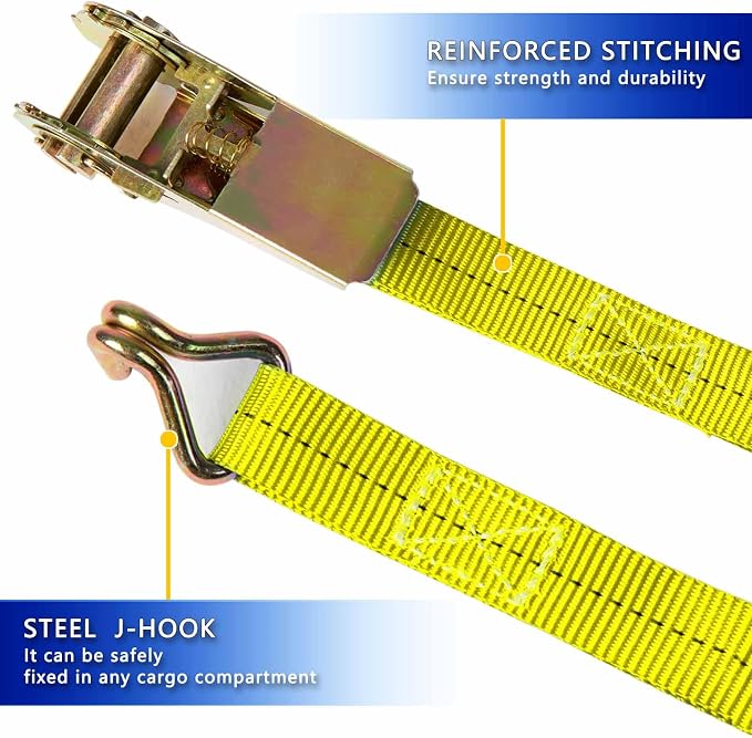 Ratchet Straps (4-Pack), 1 Inch x 16.4 Feet (2200lb Break Strength) with Sturdy Metal Hooks, 1x Work Gloves, Heavy Duty Tie Down Straps for Truck, Cargo Trailer, Motorcycle, Luggage, Moving (Yellow)