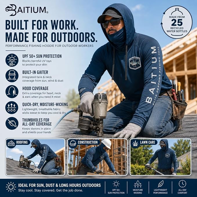 Fishing Shirts for Men,UPF50 Hooded Long Sleeve with Gaiter, Sun Protection Dry Fit Apparel, Face Mask, Fishing Clothes