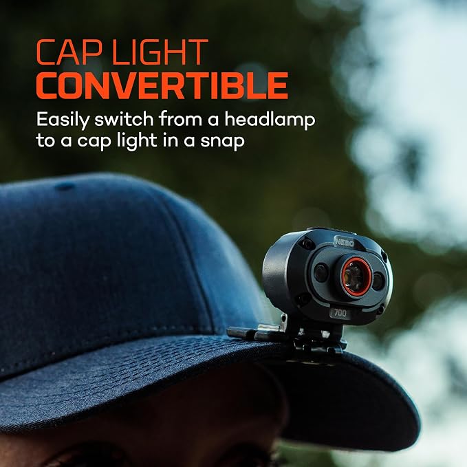 NEBO MYCRO 700 Headlamp | 700 Lumen, 6 Light Modes, White Red & Green Light, USB-C Rechargeable, IPX4 Water Resistant, Adjustable Strap, Cap Light Convertible, Ideal for Camping & Hiking