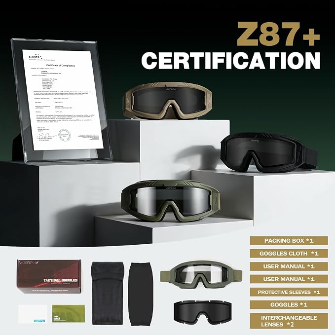 Airsoft Goggles OTG, ANSI Z87.1+ Anti-Fog Tactical Safety Goggles, Impact-Resistant Dust-Proof Eye Protection