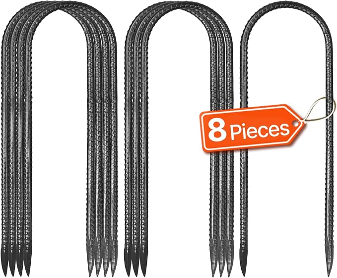 VEVOR Rebar Stakes, 12-Inch, Heavy-Duty 0.32 in Diameter U Shape, Galvanized Steel Ground Anchors with Chisel Point End & Rust-Resistant Coating, for Gardening Support, Fence, Camping Tents (8-Pack)