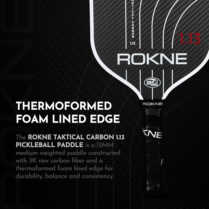 ROKNE Taktical Carbon Series, Pickleball Paddle, 3K Raw Carbon Fiber, Thermoformed Foam Lined Edge, 13MM or 16MM, USAPA Approved Pickleball Racket, High Grit Texture, Max Spin