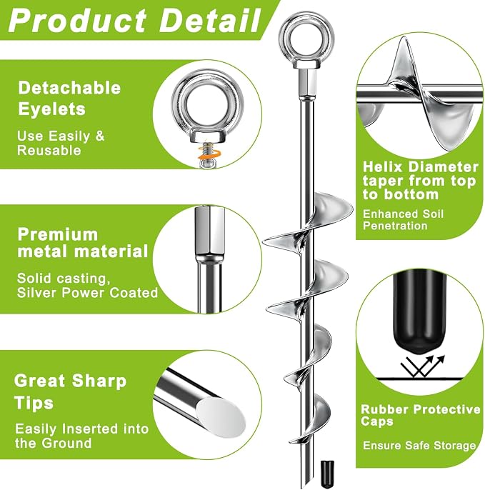 Fabulas Ground Anchors Screw in, 18 Inch Ground Anchors Heavy Duty Metal Earth Auger Anchors Trampoline Stakes Kit High Wind for Swing Set Shed Rv Canopy Gazebo Mobile Home Tree Playground Dog, 4 Pack