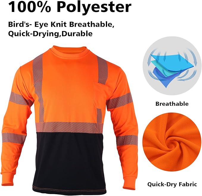 VENDACE 3 Pcs Safety T Shirts Reflective High Visibility Hi Vis Long Sleeve Construction Work Shirts for Men (Orange,3XL)