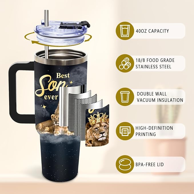 DUUV Gifts for Son, To My Son Birthday Tumbler from Mom Dad, Best Sons Ever Tumbler 40 Oz with Handle and Straw, Christmas Thanksgiving Birthday Gift for Grown Sons, 1PCS