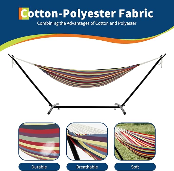 GarveeLife Instant-Setup 2-Person Hammock with Reinforced Steel Frame – Portable Outdoor Lounger for Garden, Camping & Beach (450 LB Capacity + Quick-Fold Carry Bag),Yellow Rainbow Stripe