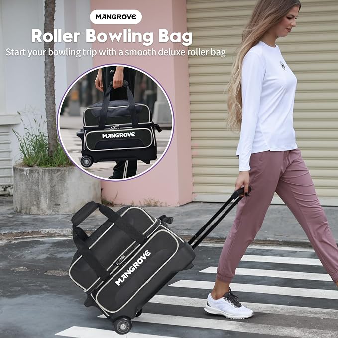 Mangrove 2 Ball Bowling Bag with Wheels, Double Bowling Bags 2 Ball Roller w/Separate Compartment for Bowling Shoes (Up To US Mens Size 15), Accessory Pocket & Retractable Handle Extends To 40"