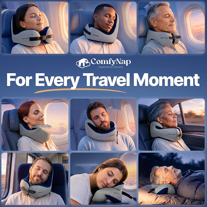 ComfyNap® Versatile Travel Neck Pillow for Airplane [Patented], 9 Positions in 3 Techniques, Plane Pillow with Pure Memory Foam, Travel Pillow with HeadRest Flight Sleep, Travel Essential - Earth
