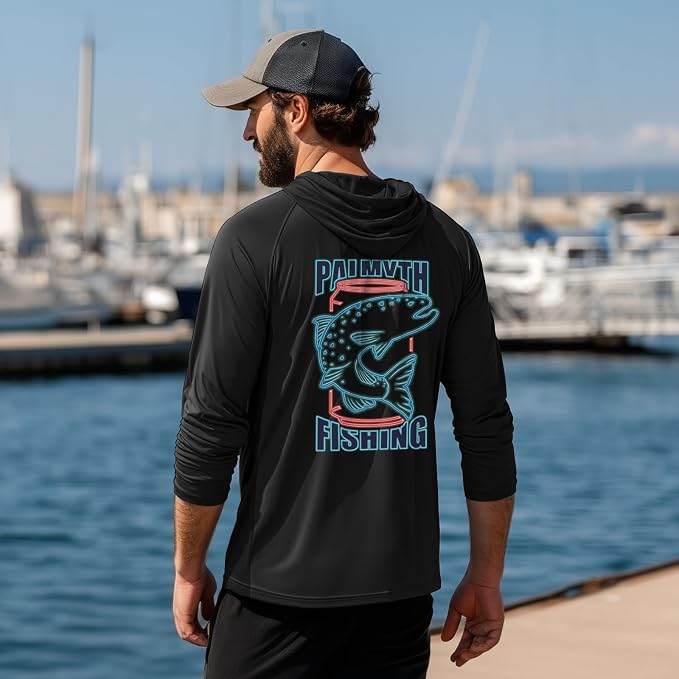 Palmyth Fishing Hoodie for Men Long Sleeve Sun Protection UV UPF 50+ Shirts | Hidden Zipper Pocket, Thumb Loops, Quick-Dry, Side Mesh Panels, Lens Cleaning Cloth, 4-Way Stretch