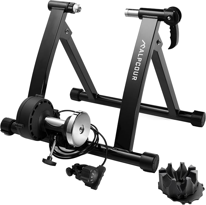 Alpcour Magnetic Bike Trainer Stand for Indoor Riding – with Bike Trainer 4-Tier Riser Block for Front Wheel with Anti-Skid Design