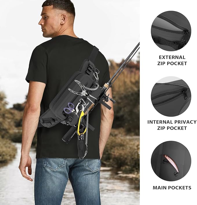 THKFISH Waterproof Fishing Waist Pack with Fishing Rod Holder, Airtight Zipper Closure, Lightweight Sling Fishing Waist Bag for Fly Fishing