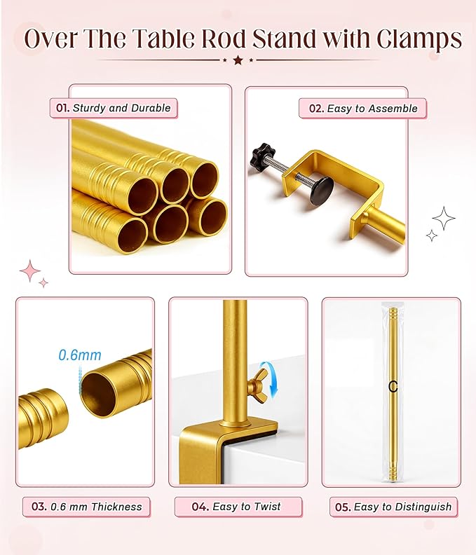 MEILIDY Over The Table Rod Stand with Clamps, Adjustable 33.5"-106" Length 36.6"-48" Height, Table Balloon Arch Backdrop Stand for Party Wedding Birthday Anniversary, Gold