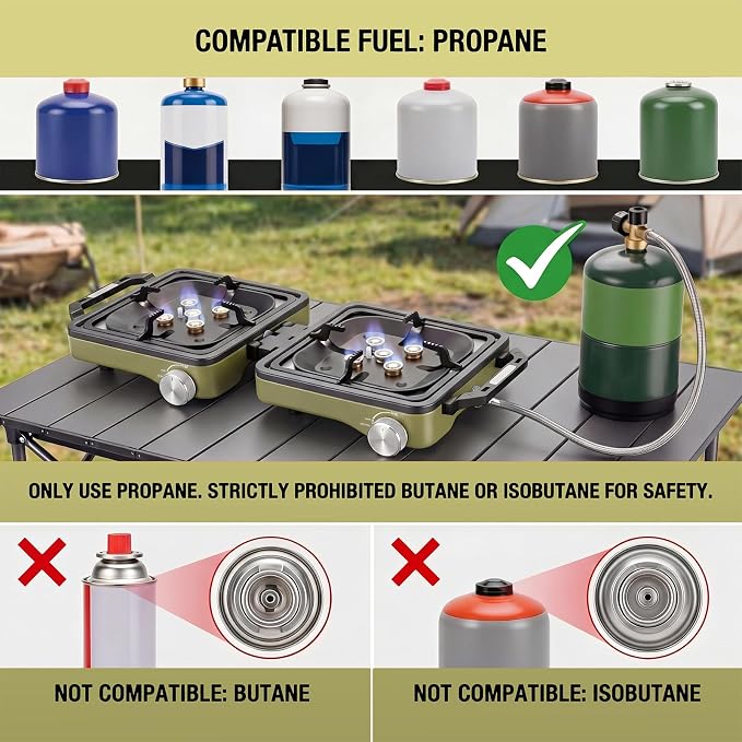 2-Burner Portable Propane Camping Stove with Windshield, 30000 BTU Foldable Gas Stove with Independently Adjustable Heat Coffee Stand & Carry Bag, Gas Stove for Cooking, Tailgating (Green)