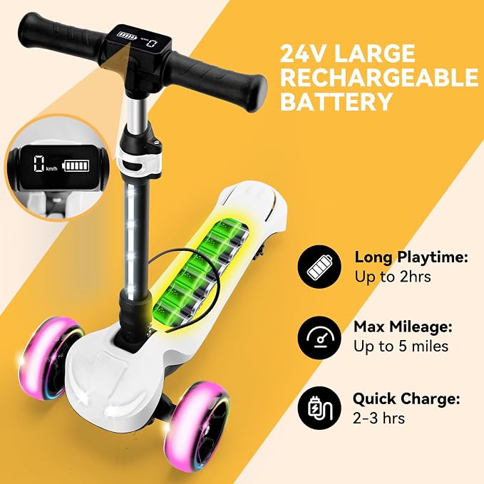 Electric Scooter for Kids w/150W Powerful Motor, Thumb Throttle, LCD Screen, Bluetooth, Light-Up Stem Deck & Wheels, 3 Adjustable Heights, 5MPH Safe Speed, 3 Wheel Electric Scooter for Kids
