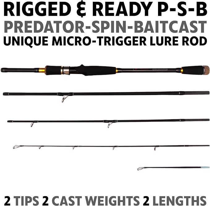 Rigged and Ready Predator Series Spin & Baitcast Travel Fishing Rods. Unique Spin Cast Micro Trigger. Compact Hi-Carbon Rods. 4 Rod Sections, 2 Tips, + case. Mobile Lure Rod Anglers. Fresh & Saltwater
