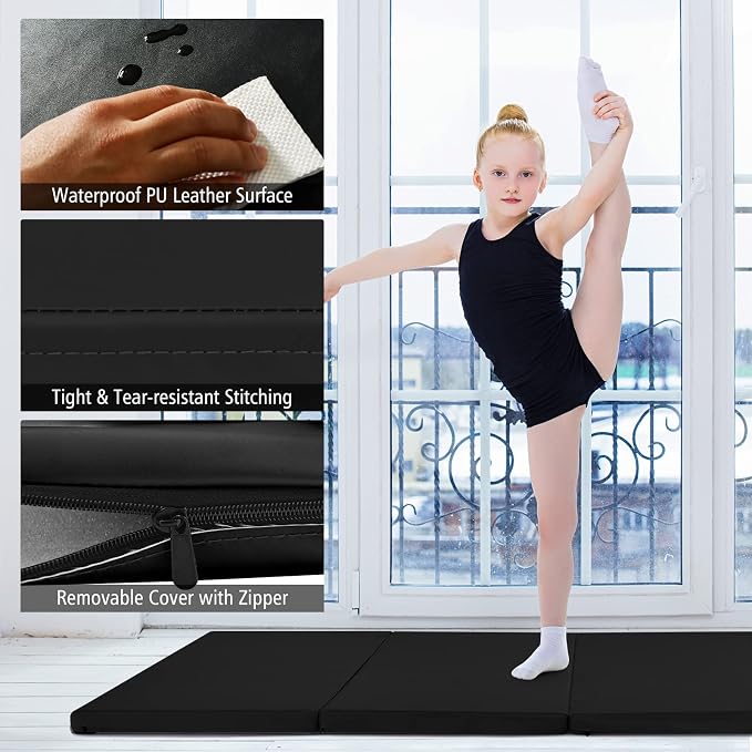 Goplus Gymnastics Mat, Folding Tumbling Mat with Carry Handles, Hook & Loop Fasteners, 4 Panels for Fitness Exercise Yoga Stretching Aerobics Workouts, Thick Gym Mats for Home