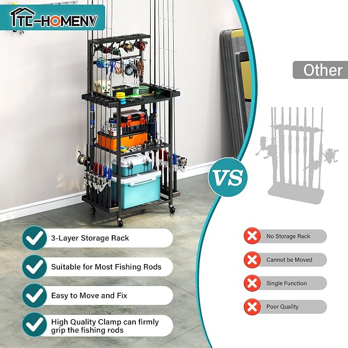 TC-HOMENY 3-Tier Fishing Rod Holder for Garage, Multifunctional Fishing Pole Rack Cart with Wheels Storage up to 12 Rods, Fishing Tackle Gear Organizer Storage rack for Room, Garage, Basement, Black