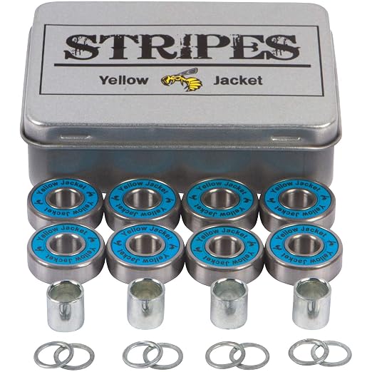 Yellow Jacket Premium Skateboard Bearings, Pro Longboard Bearings, 608, ABEC 9, Washers and Spacers, Bomber Blue (Pack of 8)