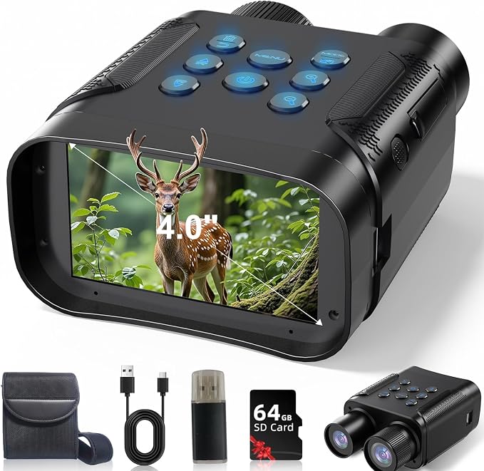 Night Vision Goggles, 4K Night Vision Binoculars for Adults with 8000mAh Rechargeable Battery, 4.0 HD Screen, 5X Digital Zoom, 7 Levels IR, 64GB Card,1968FT Range for Hunting & Camping