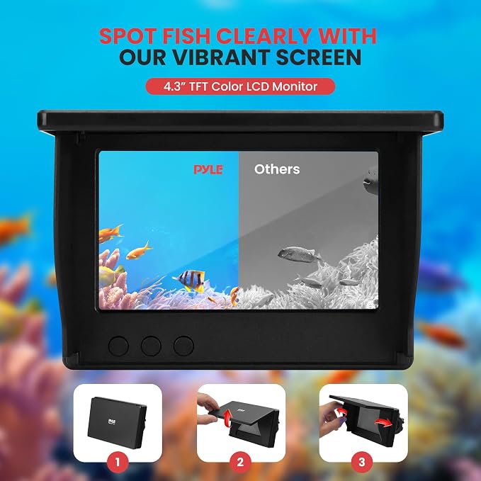 Pyle 4.3'' Portable LCD Monitor Underwater Fishing Camera - 1000TVL Waterproof Fish Finder with 12 Infrared LED Lights, IP68 Water-Resistant, Ice/Ocean/Lake Fishing, Carrying Case Included (Black)