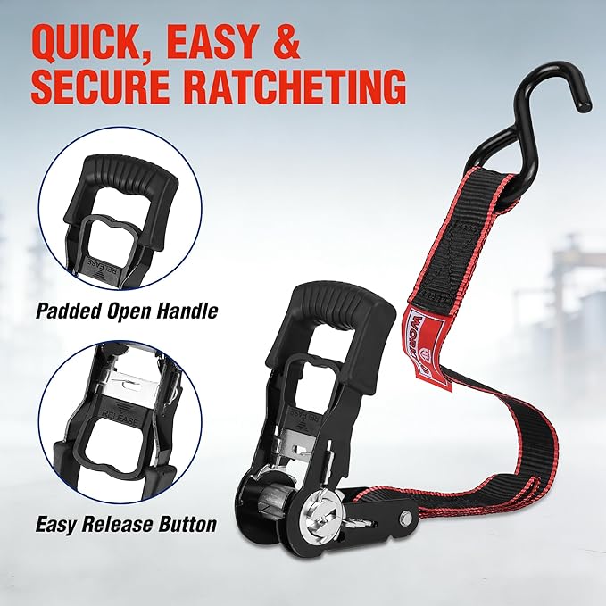 WORKPRO Ratchet Tie Down Straps, 4-Pack | 1" x 12' | 1500 lbs Break Strength Heavy Duty Ratchet Straps, Fits for Moving Appliances Motorcycle ATV Truck (Black&Red)