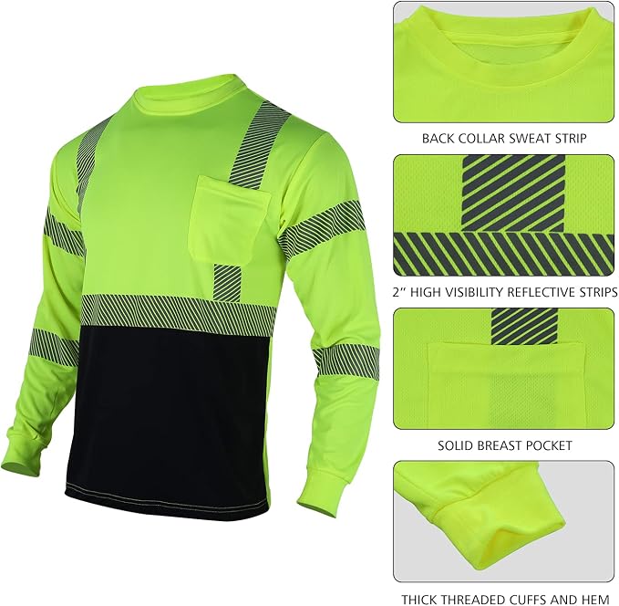 VENDACE 3 Pcs Safety T Shirts Reflective High Visibility Hi Vis Long Sleeve Construction Work Shirts for Men (Mixed,L)