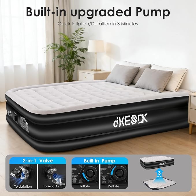 Air Mattress Queen with Built in Pump,Comfortable Waterproof Flocked Surface Inflatable Mattress for Temporary Family Stays and Travel,16-Inch Blow Up Mattress Inflates in 3 Minutes
